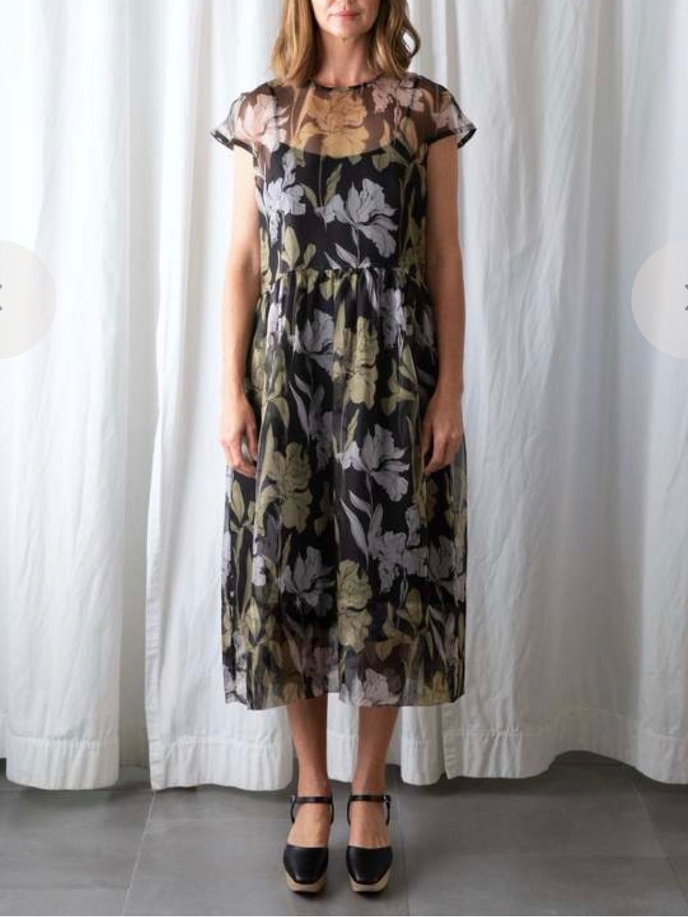 No. 6 Store Mann Dress in Black, Khaki Tulip Floral Silk Organza Midi Dress M